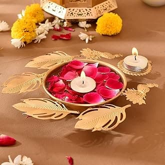 ascension Diya Shape Flower Decorative Urli Bowl for Home Decor with Attached One Oil Diyas for Floating Flowers and Tealight Candles Home Table | Diwali Decoration Items for Pooja Room