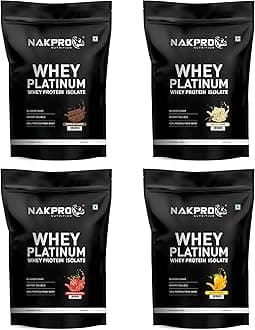NAKPRO PLATINUM 100% Whey Protein Isolate | 28.11g Protein, 6.42g BCAA | Easy Mixing, Low Carbs, Easy Digesting Whey Protein Supplement Powder for Men, Women & Athletes | 2 Kgs (500g*4 Nos) Chocolate, Mango, Strawberry & Vanilla Flavour (60 Servings)