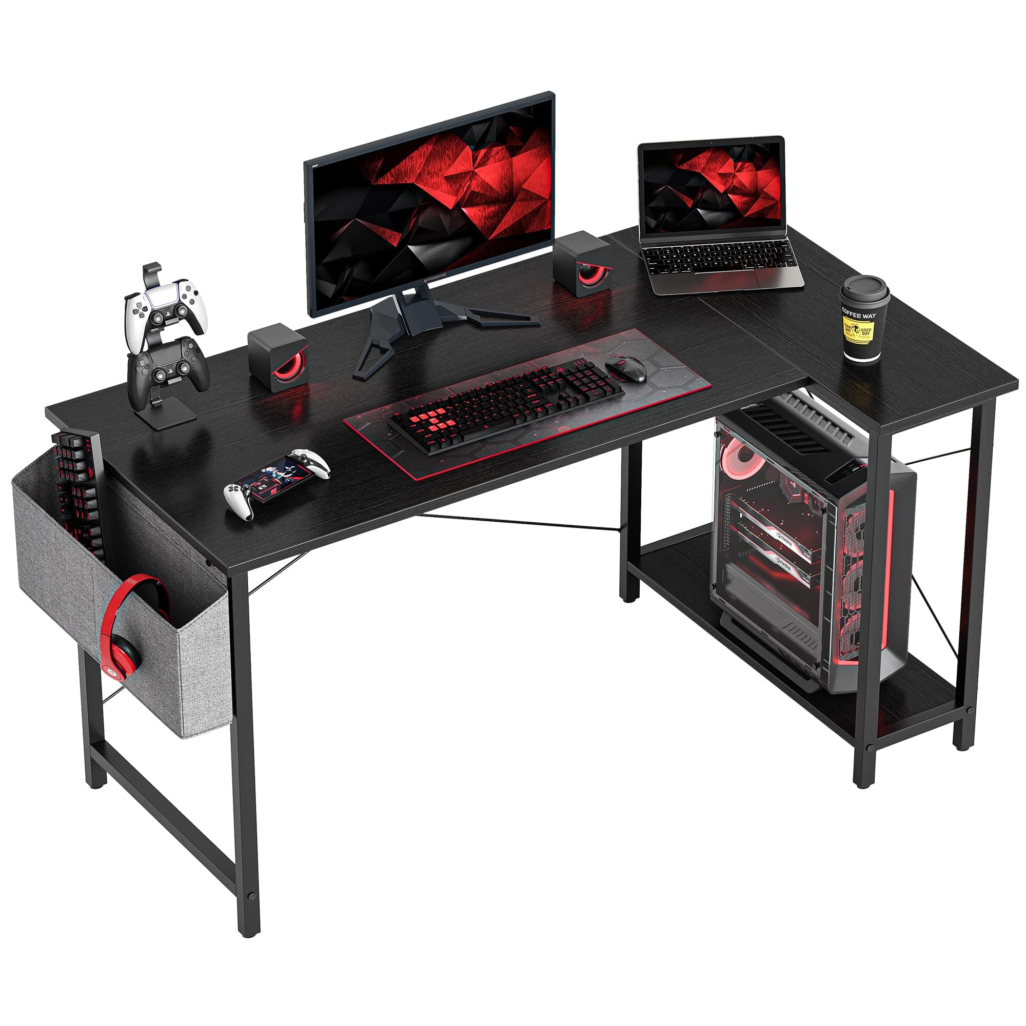 CubiCubi L Shaped Gaming Desk, 120x70 cm Computer Desk with Storage Bag, Office Desk Writing Table with Large Reversible Storage Shelves, Workstation for Study Play Work Home Office, Black