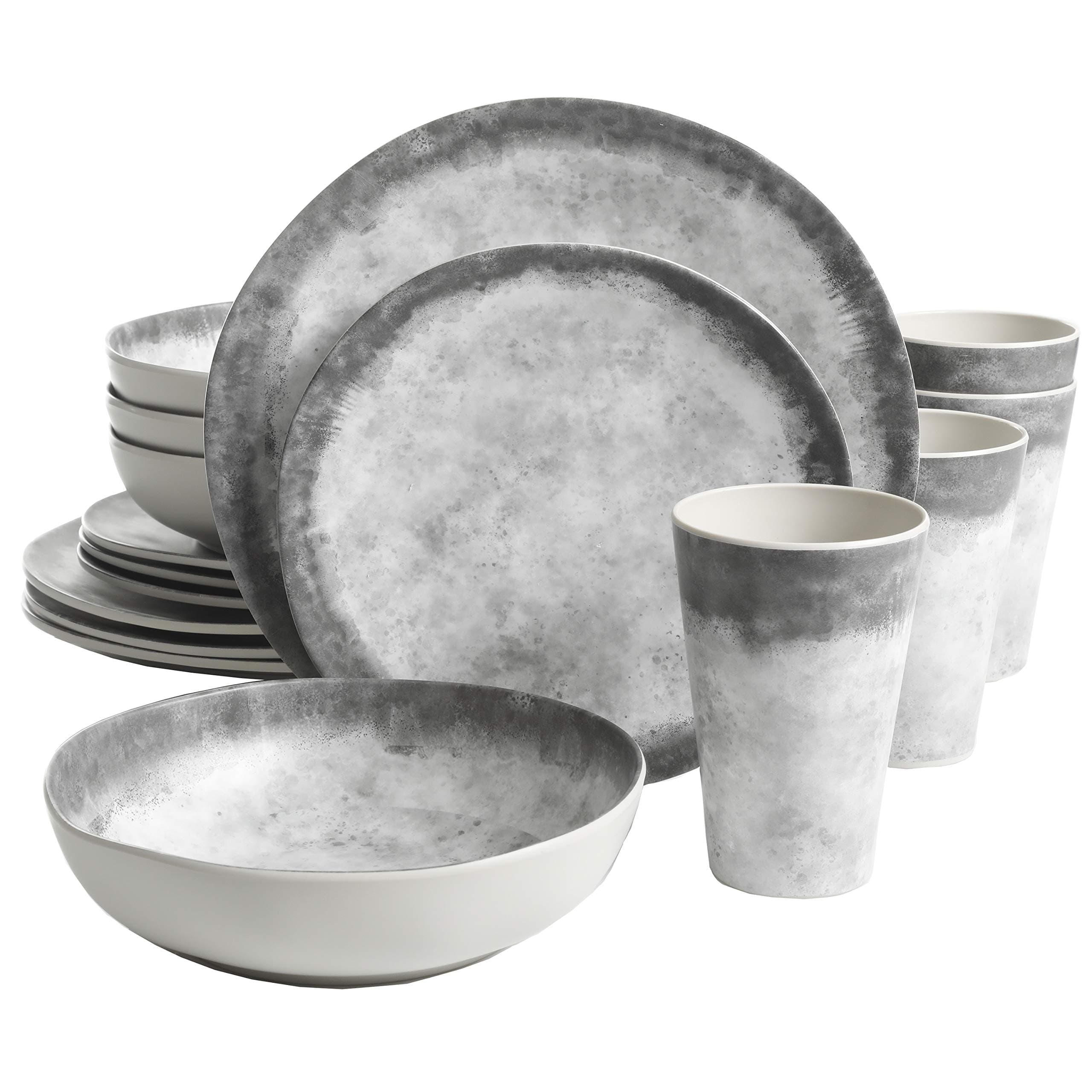 Gibson Home Granite Organic Round Melamine Plastic Dinnerware Set, Service for Four (16pcs), Marble