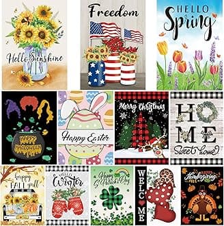Pating Seasonal Garden Flags Set of 12 Double Sided 12 x 18 Inch, Small Yard Flags for Outside, Christmas Halloween Easter Valentine's Day Outdoor Decor, Holiday Garden Decorations for All Seasons
