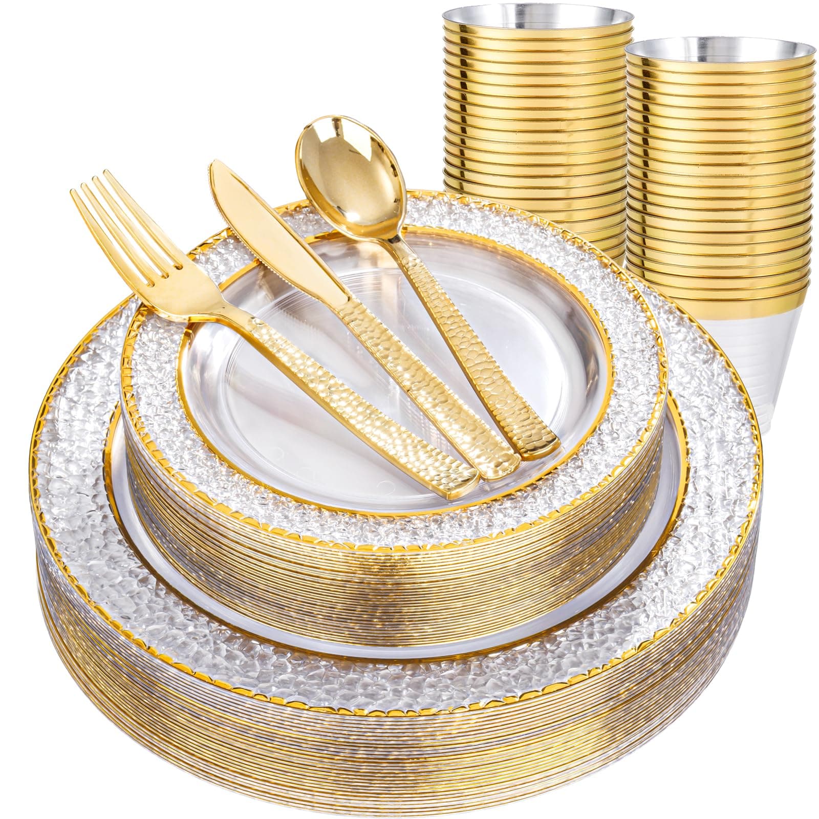 Nervure 150Pcs Clear Plastic Plates with Gold Hammered Silverware include 25Dinner Plate, 25Dessert Plate, 25Knives, 25Forks, 25Spoons and 25Cups for Wedding & Parties & Thanksgiving