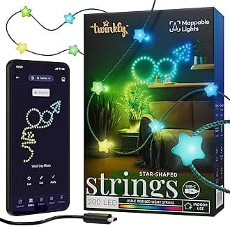 Twinkly Strings USB-C Star 200 LED, Star-Shaped LED Light String, RGB Multicolor LED Lights, Valentine's Day Lights, Compatible with Alexa, Google Home, USB-C Power, Green Wire, 39.4ft