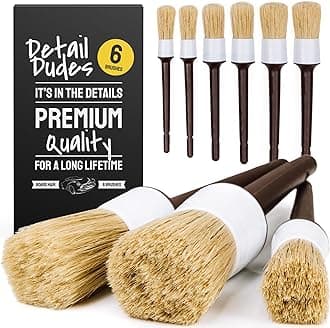 Ultra Soft Natural Boars Hair Bristle Car Detail Brushes - Set of 6 - Perfect for Washing Emblems Wheels Interior Upholstery Air Vents, No Metal Parts