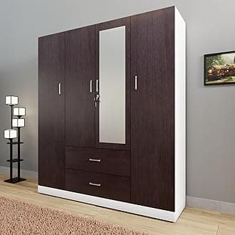 VIKI Wardrobe | Wooden Almirah for Clothes,Door for Bedroom, 4 Door Wardrobe with Drawer, Mirror & Hanging Space (White & Wenge - 40D x 160W x 180H) | 1 Year Warranty | Free Assembly