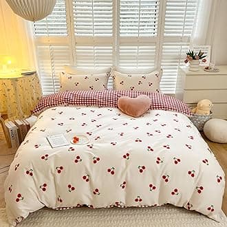 BlueBlue Cherry Kids Duvet Cover Set Queen 100% Cotton Bedding for Boys Girls Teens Cartoon Red Cherries Pattern on White 1 Cute Fruit Full Comforter Cover 2 Pillow Shams (Queen)