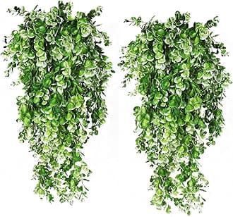 RECUTMS 4 Pack Artificial Plants Hanging Faux Eucalyptus Leaf Greenery Fake Plant for Wall House Room Patio Indoor Outdoor Home Shelf Office Decor (White)