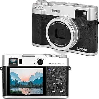 Minolta Retro Digital Camera – 48MP Autofocus Compact with 5K Ultra HD Video, Rear Selfie Lens, 16x Zoom, WiFi, 2.8-inch LCD Screen, Digital Stabilization, Optical Viewfinder, 32GB Card (Silver)
