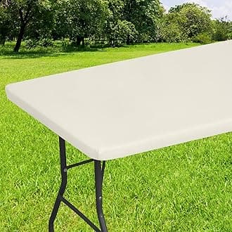 Smiry Rectangle Tablecloth, Elastic Fitted Flannel Backed Vinyl Tablecloths for 8ft Folding Tables, Waterproof Wipeable Table Covers for Indoor, Outdoor, Picnic and Camping (Beige, 30"x96")