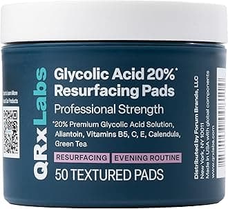 QRxLabs Glycolic Acid Pads - 20% Resurfacing Pads AHA for Face & Body - Exfoliates Skin Surface and Reduces Appearance of Fine Lines and Wrinkles - Acne Treatment Clearing - Daily Pads - 50ct