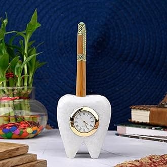 SAUDEEP INDIA Tooth Shape Dentist Desk Marbel Table Clock for Decor and Paper Weight, Ideal Gift for Dentists and Doctors (Clock with Pen Stand)