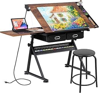 ZENY Adjustable Drafting Table with Stool, Tilting Drawing Desk Artist Table with Storage Drawers, Art Craft Workstation for Home Office Reading, Writing, Crafting