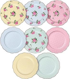 BTaT- Porcelain Floral Plates Set of 8, 8 Inch, Assorted Pastel Colors with Golden Rim, Floral Dessert Plates, Spring Dinnerware, Dishwasher & Freezer Safe