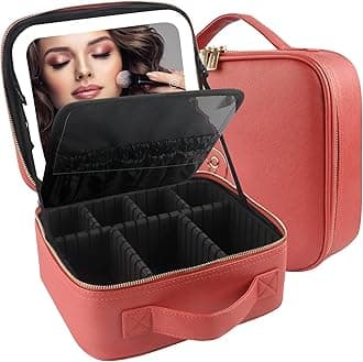 MOMIRA Travel Makeup Bag Cosmetic Bag Makeup Organizer Bag with Large Lighted Mirror 3 Color Scenarios Adjustable Brightness, Waterproof Makeup Travel Case, Large Makeup Train Case Toiletry Gift, Red&Integrated, Integrated Cosmetic Case