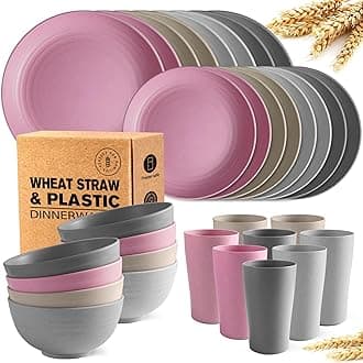 Teivio 32-Piece Kitchen Plastic Wheat Straw Dinnerware Set, Service for 8, Dinner Plates, Dessert Plate, Cereal Bowls, Cups, Unbreakable Colorful Plastic Outdoor Camping Dishes, Orchid Flora