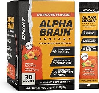 ONNIT Alpha Brain Instant Cognitive Support Drink Mix, Nootropic Supplement for Focus, Memory and Clarity, Peach Flavor, 0.13 oz Packets, 30 Count