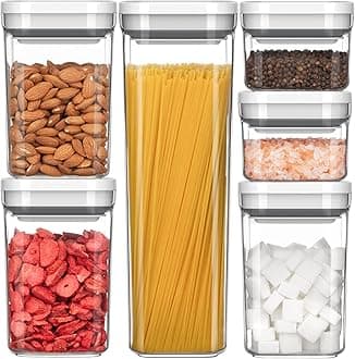 6 Piece Airtight Food Storage Container Set, BPA Free Kitchen Pantry Organization Canisters, One-handed Kitchen Storage Containers for Cereal, Spaghetti, Pasta, White