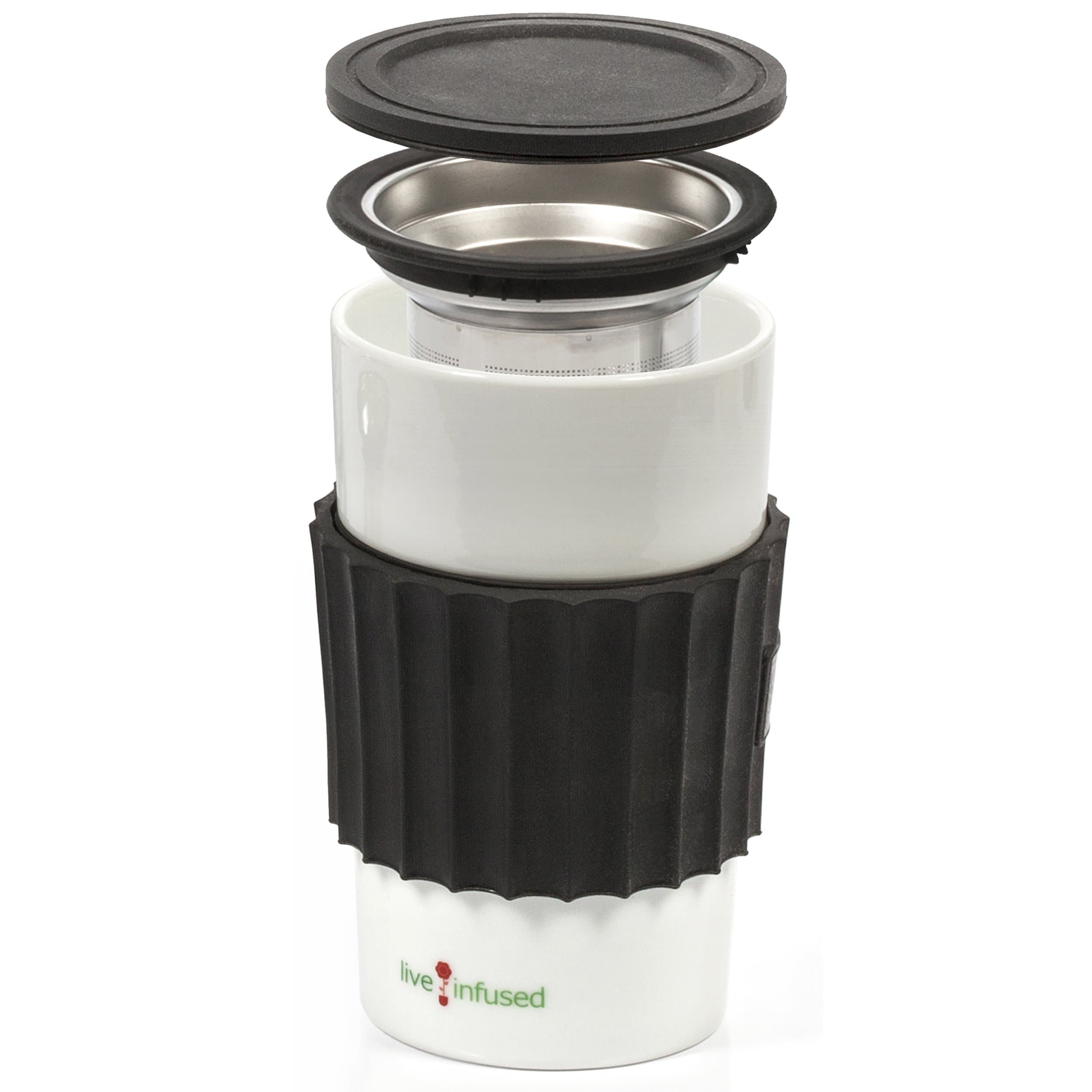 Live Infused Single Cup Loose Leaf Tea Brewing System, 16oz Ceramic Mug with Tea Infuser, Lid, and Silicone Mug Sleeve (Black)