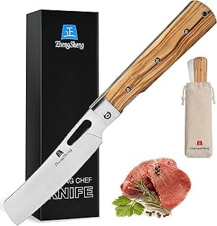 Folding Chef Knife 4.8 Sharp 440A Stainless Steel Blade Natural Olive Handle Pocket Foldable Japanese Style Kitchen Knife for Outdoor Camping Cooking