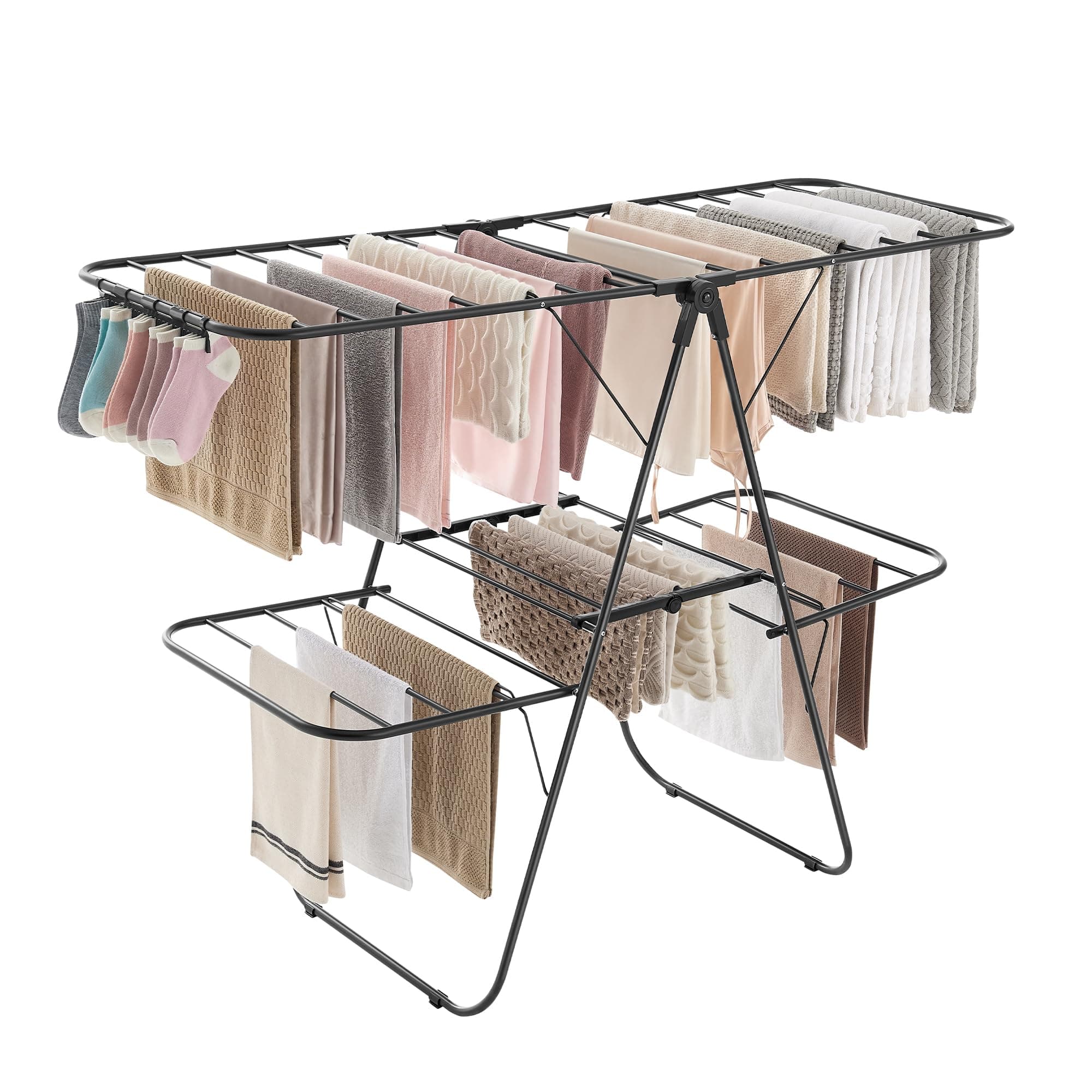 Clothes Drying Rack, Foldable 2-Level Laundry Drying Rack, Free-Standing Laundry Airer, with Height-Adjustable Wings, 33 Drying Rails, Sock Clips, Black ULLR053B01V1