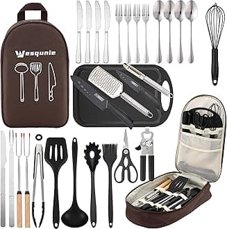 Wesqunie Camping Cooking Essentials Utensils Set - Camp Cookware Kitchen Accessories Kit, Camper Gear Must Haves, Stainless Steel & Silicone, RV Car Portable Outdoor Equipment Tool