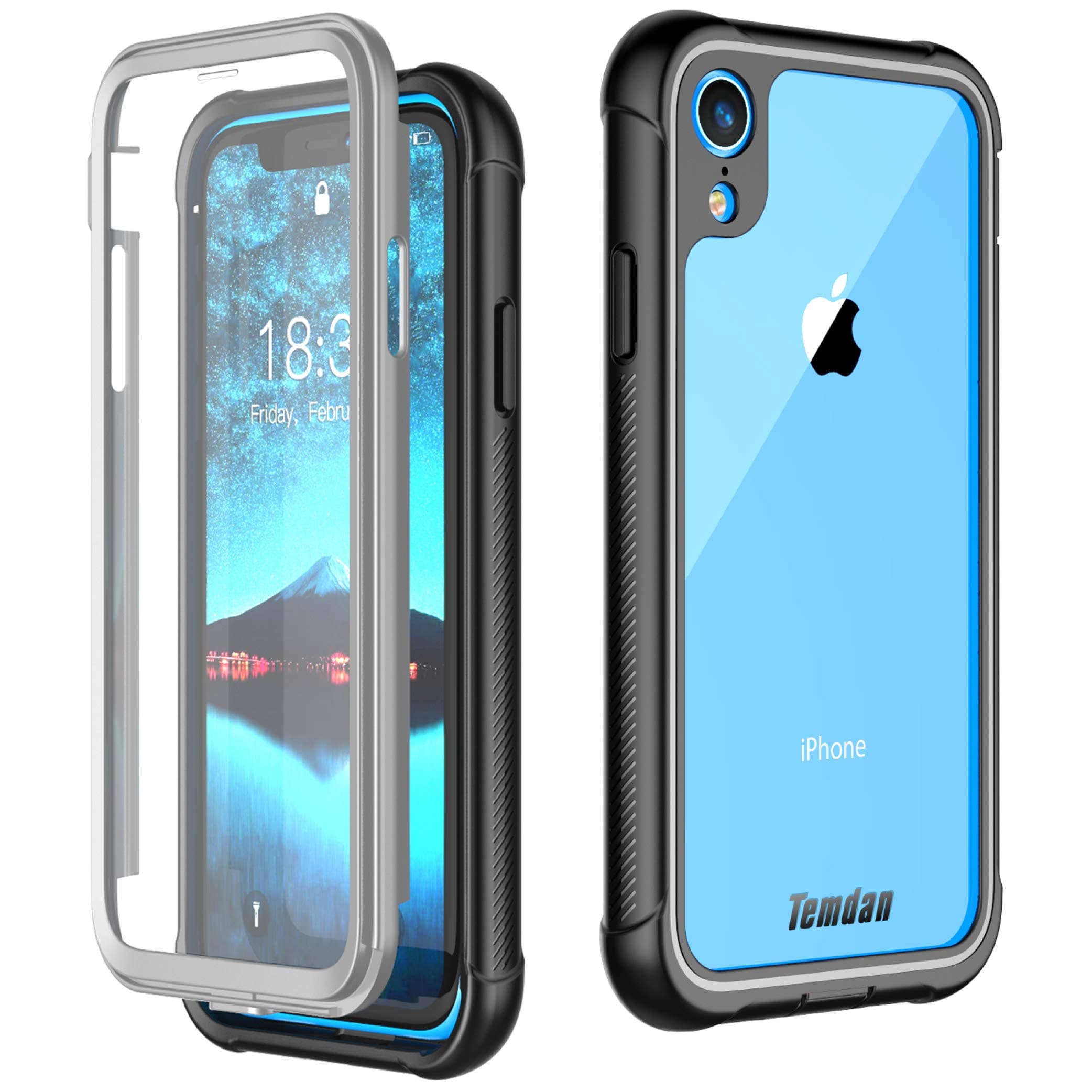 Temdan iPhone XR Case 2018, Built in Screen Protector Full Body Protect Clear Bumper Case Support Wireless Charging, Heavy Duty Rugged Dropproof Case for iPhone XR 2018 (6.1inch)