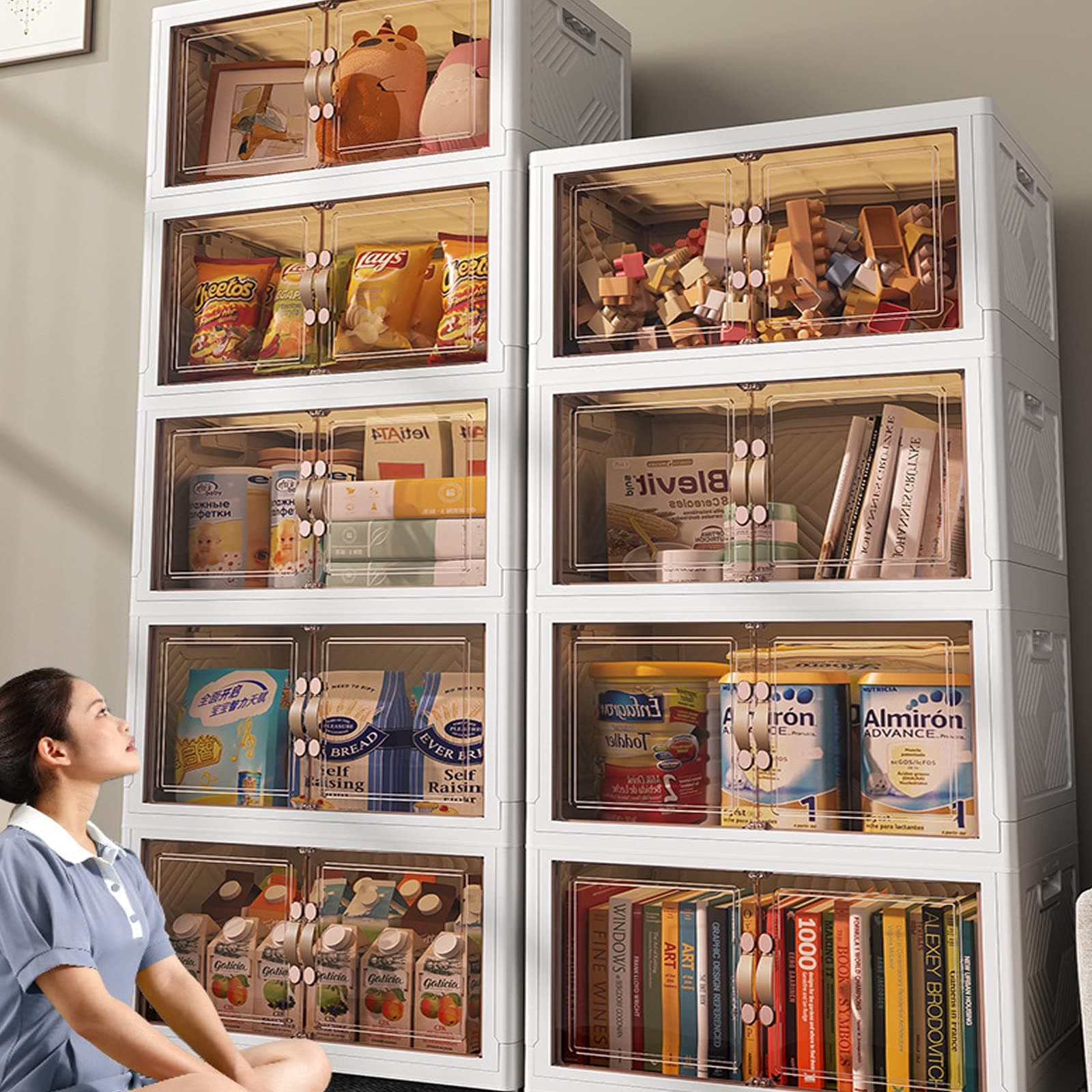 Multi Layered Folding Storage Cabinet, Large capacity Standing Storage Cabinet Shelf Transparent and Visible Dustproof Toy Storage Box, Snacks Locker, Bookcase with Universal Wheels (5 Layer) - white