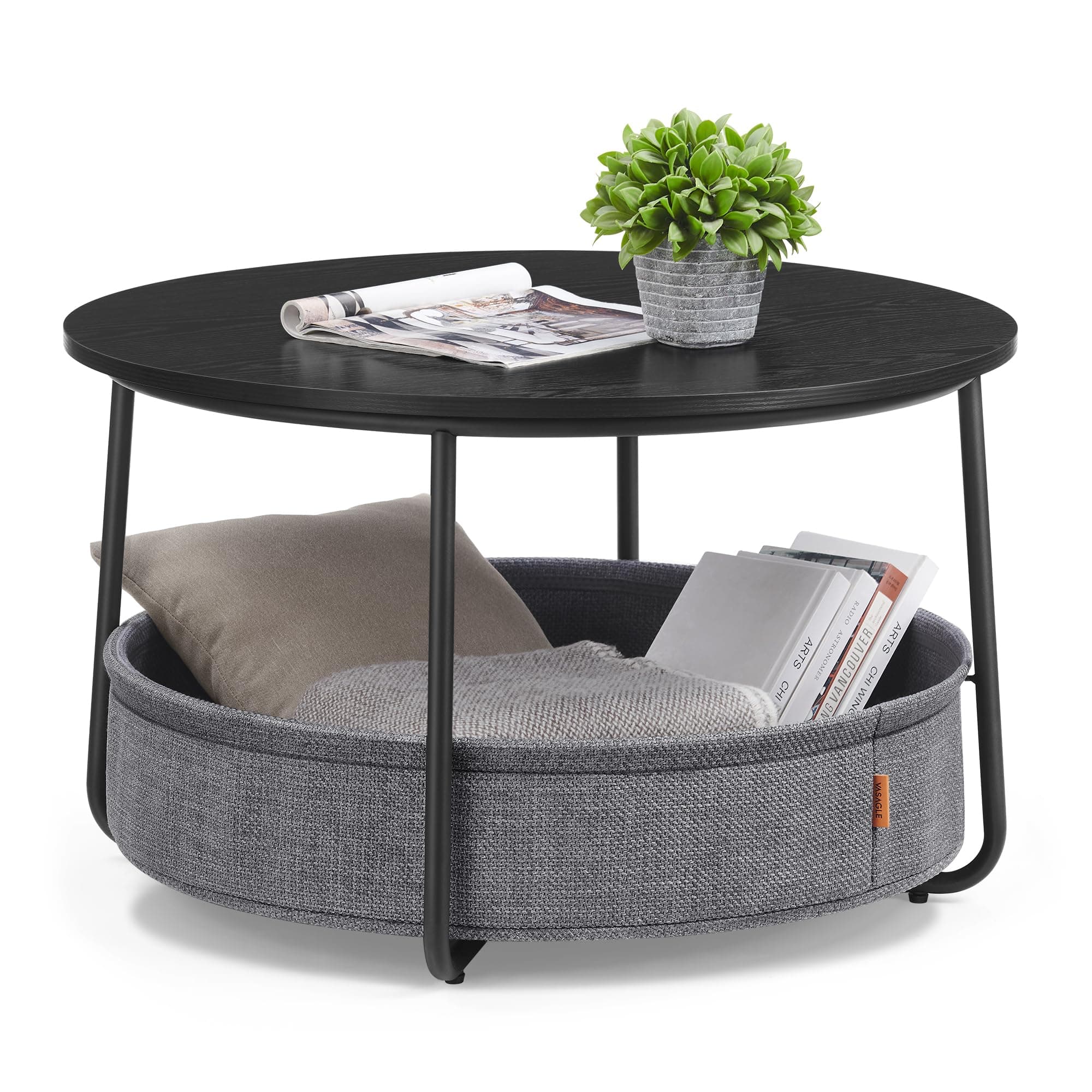 VASAGLE LILEA Collection - Coffee Table with Storage, Round Center Table for Living Room with Fabric Basket, Modern Style, Metal Frame, Ebony Black and Slate Gray ULCT244B56