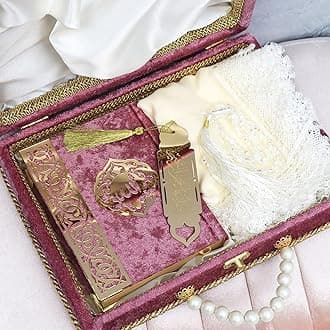 Modefa Islamic Luxury Pearl Islamic Gift Set - Holy Quran in Arabic - Velvet Box with Quran, Hijab, Tesbih, & Bookmark (Light Raspberry)