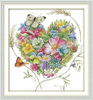 CaptainCrafts Cross Stitch Kits for Adults Counted Kit Unprinted 14CT Fabric Cross Stitching DIY Art DMC Needlecrafts Embroidery Kit for Adults (White, Butterflies Love Heart Shaped Flower)