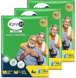 KareIn Classic Adult Diapers, Medium, Waist Size 76-114 Cm (30"-45"), 30 Count, Tape Style, Unisex, High Absorbency, Leak Proof, Wetness Indicator, pack of 3