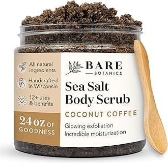 Bare Botanics Coconut Coffee Body Scrub 24oz | Made in Madison, WI | All Natural Sea Salt Exfoliator w/Skin Loving Moisturizers | Vegan & Cruelty Free | Gift Ready Packaging w/a Cute Wooden Spoon
