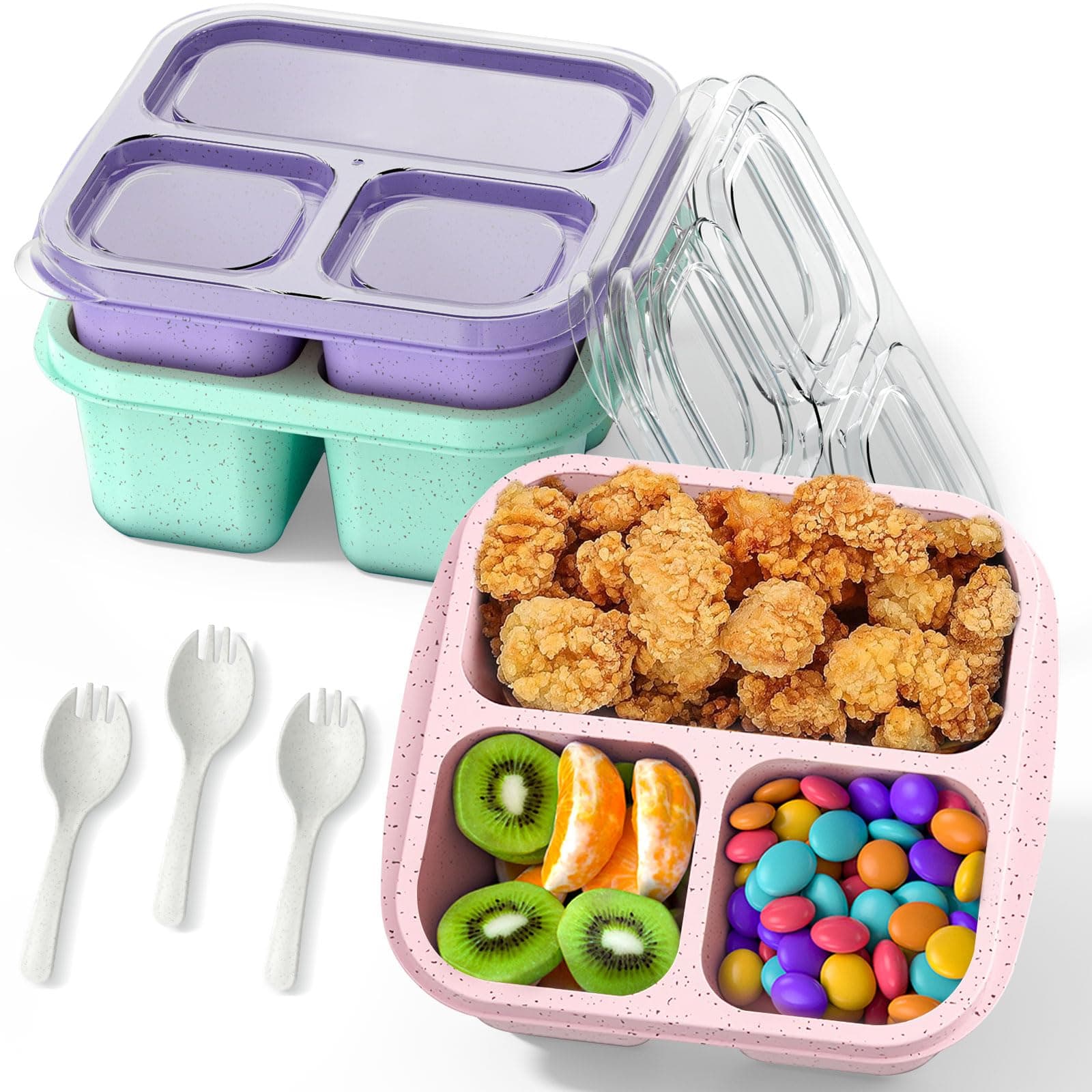 Snack Boxes (3 Pack), Meal Prep Containers Reusable, Stackable Bento Boxes with 3 Compartments, BPA Free Lightweight Lunch Containers for Kids and Adults (purple/green/pink)