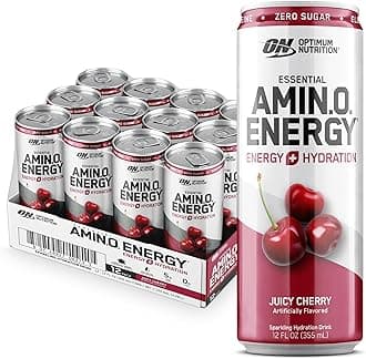 Optimum Nutrition Amino Energy Sparkling Hydration Drink, Electrolytes, Caffeine, Amino Acids, BCAAs, Sugar Free, Juicy Cherry, 12 Fl Oz, 12 Pack (Packaging May Vary)
