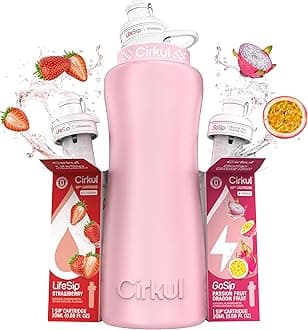 Cirkul 32oz. Blush Pink Stainless Steel Water Bottle Starter Kit with Pink Lid and 2 Flavor Cartridges (1 LifeSip Strawberry, 1 GoSip Passion Fruit Dragon Fruit) No Sugar, Zero Calorie Drink Mix
