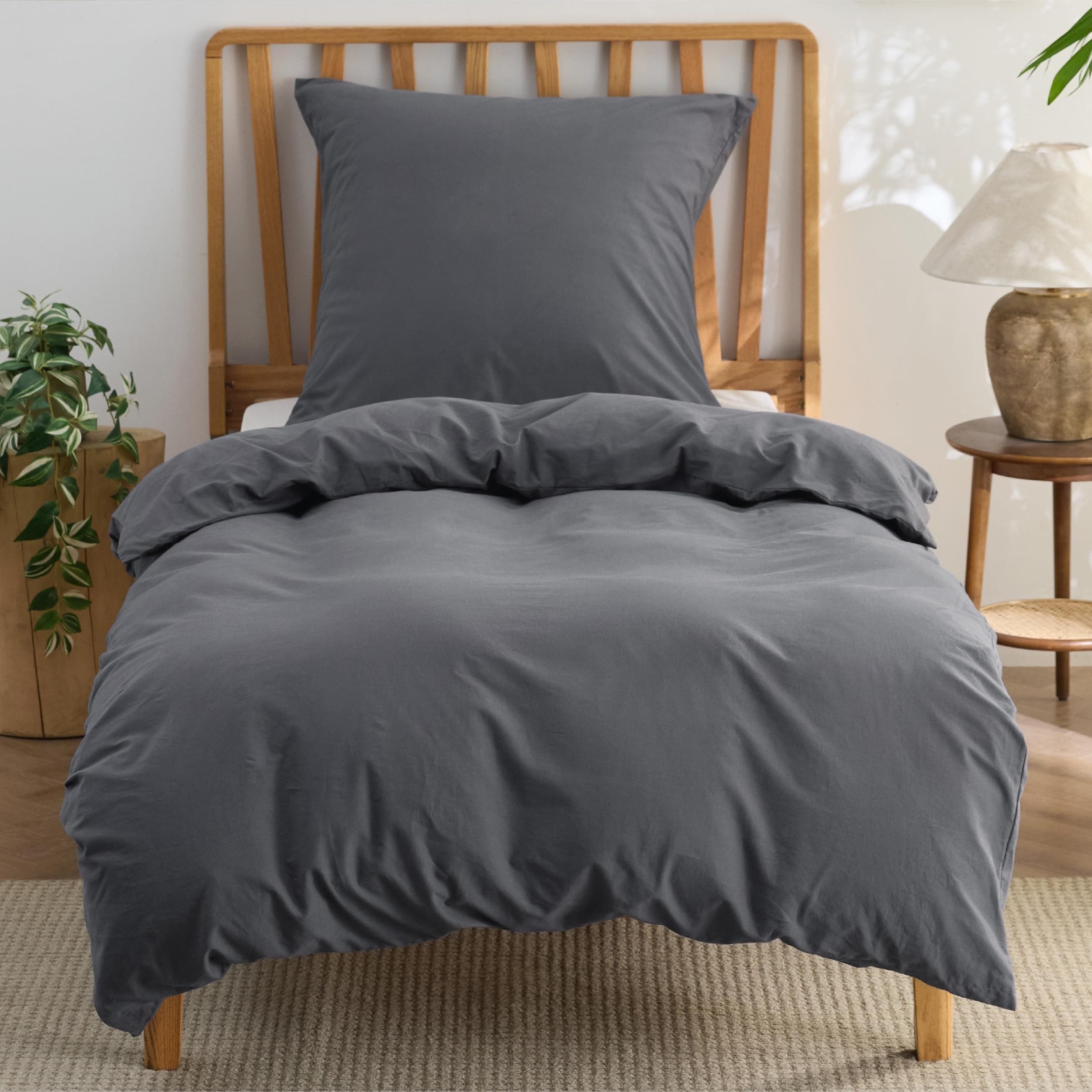 BEDSURE Bed Linen 135 x 200 cm Cotton 2-Piece Bed Linen Sets Anthracite Duvet Cover with 1 Pillowcase 80 x 80 cm, Similar Texture to Washed Linen, Oeko-Tex Bedding Grey with Zip