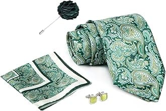 Tie for Men – Paisley Silk Neck Ties Set with Cufflinks Flower Pin, Pocket Square & Black Gift Box, Combo Necktie Sets for Office Wear, Formal Suits & Weddings (Light Green, RPL_31)