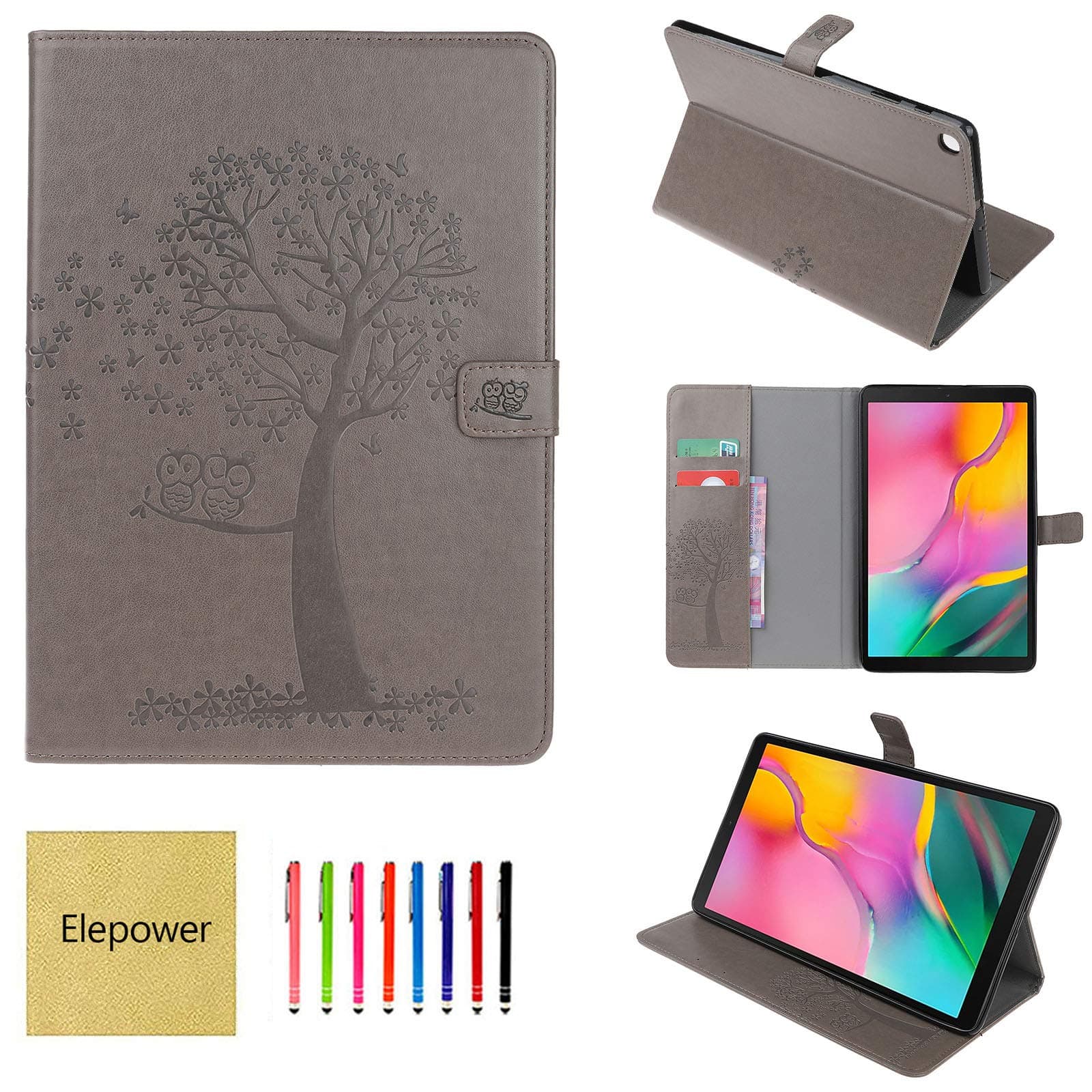 Elepower Folio Case for Galaxy Tab A 10.1 2019, T510 Case, Embossed Owl&Tree PU Leather [Card Slots] Magnetic Protective Pattern Cover for Samsung Galaxy Tab A 10.1 Inch SM-T510/T515, Gray