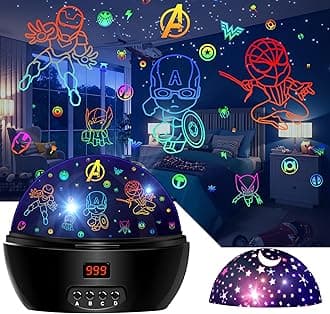 MOKOQI Kid Light Projector Superhero Toys for Boys 5-7 Avengers Night Light Projector with Timer for Kids Room, 360 Degree Rotation Toddler Nightlights with Spiderman Figurine Star Lamps