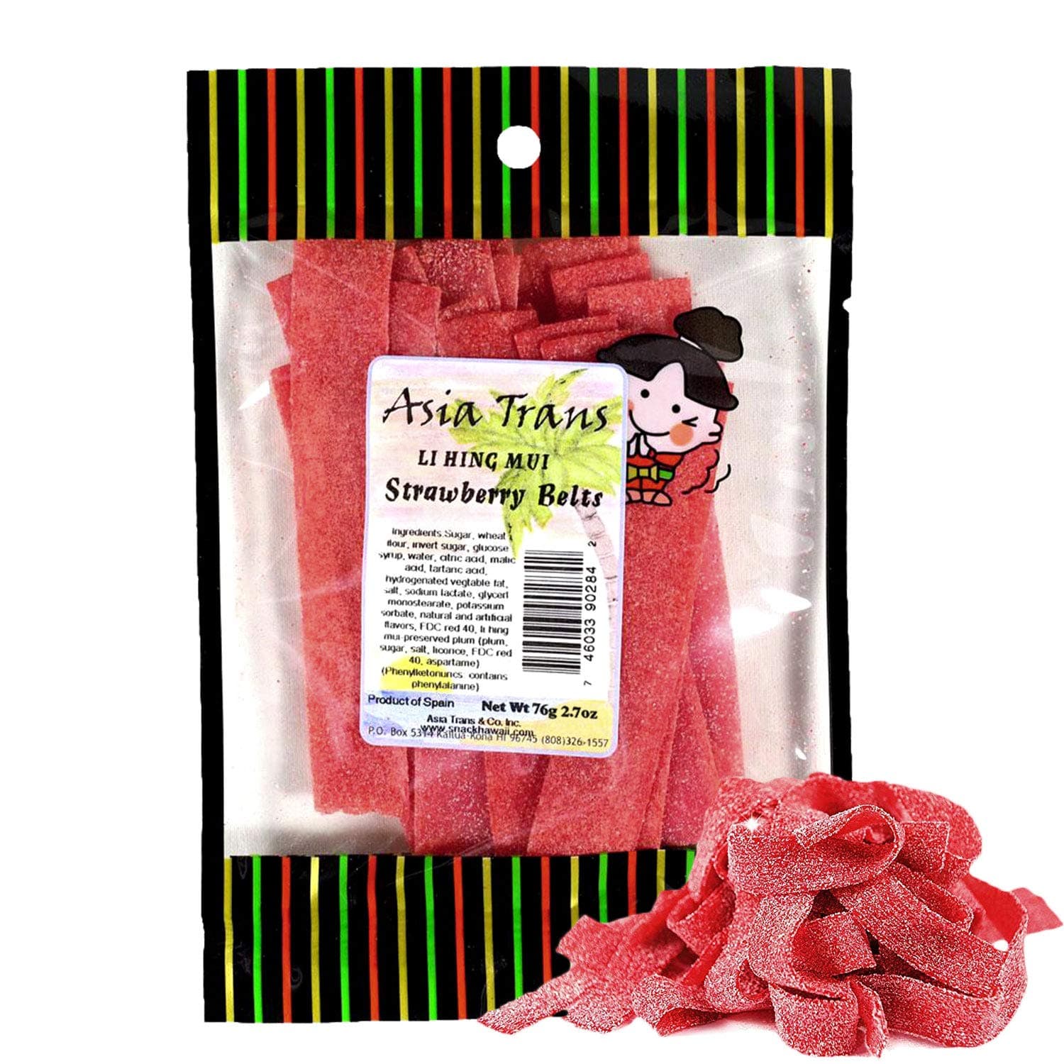 - Li Hing Mui Strawberry Belts 2.70 Ounce - Packed Fresh in Hawaii. Sweet and Tart strawberry belt candy sprinkled with Li Hing Mui Plum powder.