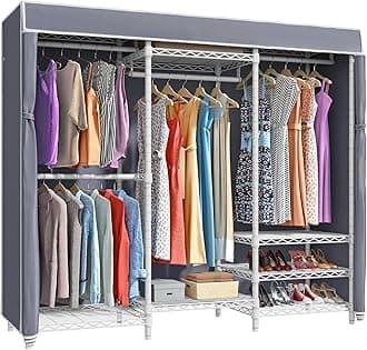 VIPEK V5C Portable Bedroom Armoires Wardrobe Closet with Cover, Heavy Duty Covered Clothes Rack Adjustable Closet Rack, White Metal Clothing Rack with Grey Oxford Fabric Cover, 68.9" Lx15.7 Wx76.4 H