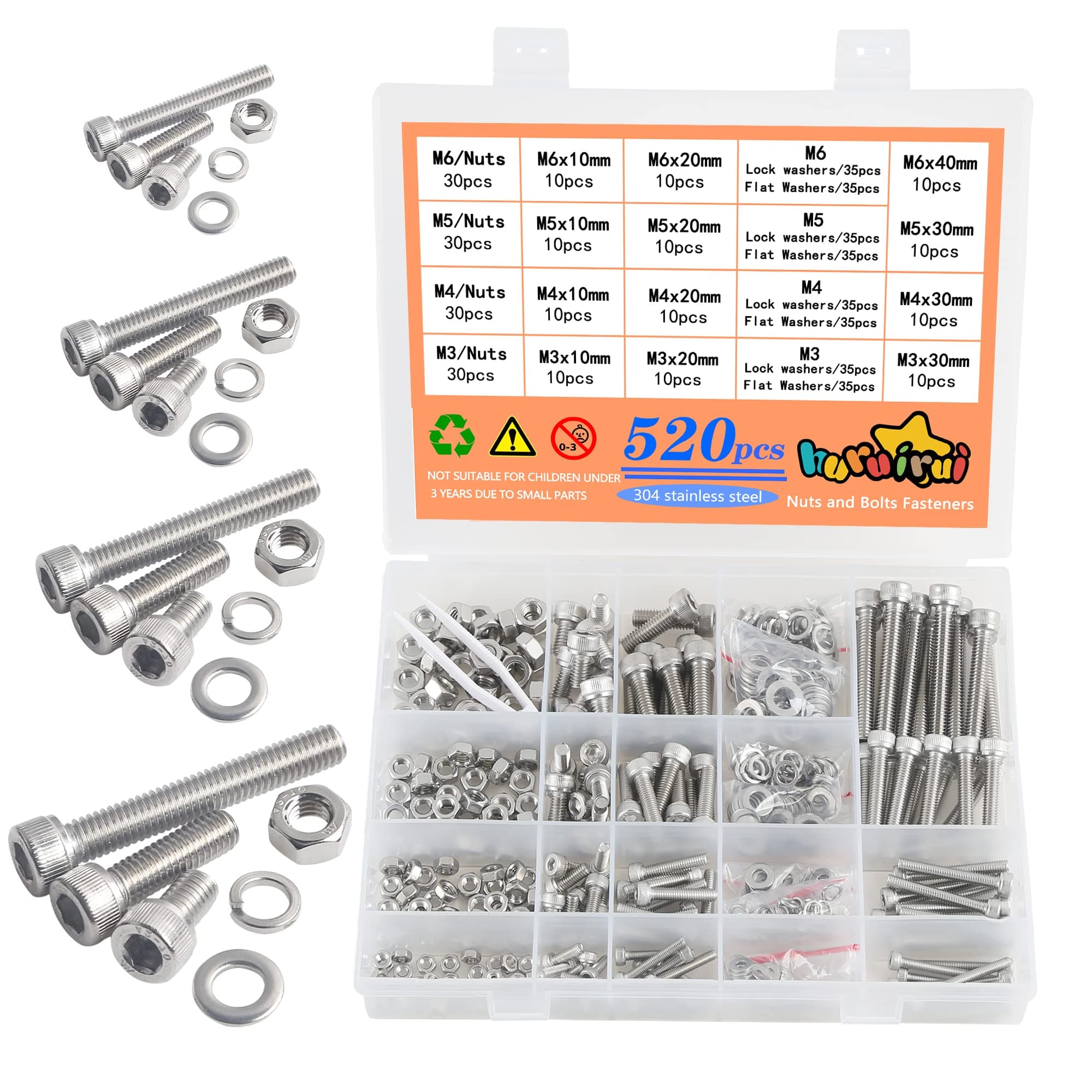 520pcs M3 M4 M5 M6 Nuts and Bolts Set 304 Stainless Hex Socket Head Cap Bolts Machine Screws Nuts and Washers Assortment Set Kit for Fepairing Bicycle Furniture Machine Fasteners