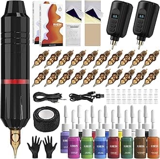 RHEIN Tattoo Kit - Complete Tattoo Machine Kit with 2 Batteries, 20 Needles, 14 Ink Colors - Wireless Tattoo Pen for Beginners and Artists