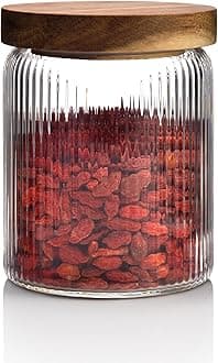 Mason & FableRibbed Glass Storage Jars with Airtight Wood Lids 500ml- Stackable Food Canisters for Pasta, Flour, Coffee/Sugar -Ideal for Kitchen, Pantry/Bathroom Organization - Single