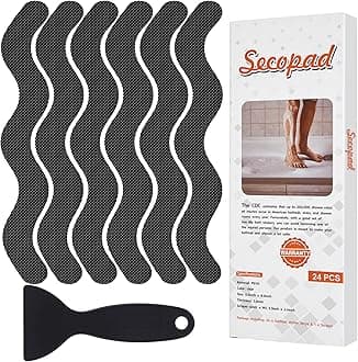 Anti Slip Shower Stickers, Adhesive Decals Safety Strips with Scraper for Bath Tub, Shower Floor, Stairs, 24 Pieces (Black)