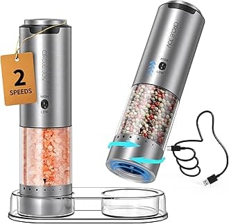 CIRCLE JOY Electric Salt and Pepper Grinder Set Stainless Steel Rechargeable Salt and Pepper Grinder Set, Variable Grinding Speed, External Adjustable Coarseness, Storage Base, Whiet LED Light, Silver