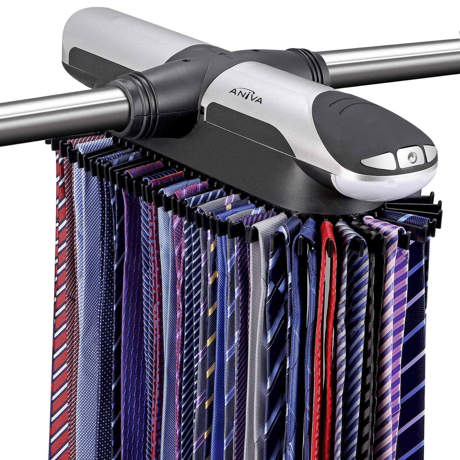 Motorized Tie Rack Closet Organizer with LED Lights Includes J Hooks for Wired Shelving Stores Up to 72 Ties & 8 Belts, Operates with Batteries