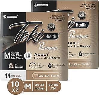 TokiHealth Ultra Thin Premium Pull Up Adult Diapers Pants Style Size M Waist 24 to 33 Inches (60-85 CM) | Soft 360 Waistband, 3D Leak Guard & Upto 12 Hours Overnight Absorption - Unisex -M 20 Count