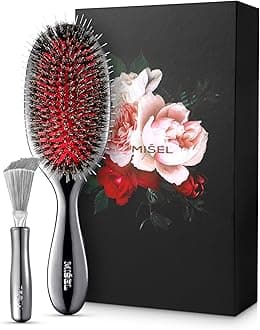 MISEL Boar Bristle Hair Brush and Brush Cleaner Bundle for Women and Men | Detangles Thin or Thick Natural Hair and Hair Extensions | Reduces Breakage | Great for Natural and Straight Hair | Medium