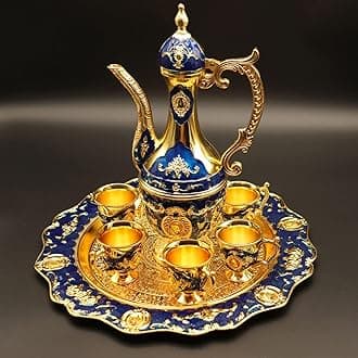 THE WHITE SHOP Turkish Tea Sets, Vintage Turkish Coffee Sets with Pot (0.53qt/16.91oz) Tray and 6 Cups Main Function for Home Decor Birthday Housewarming Wedding. (Color : GOLDBLUE)